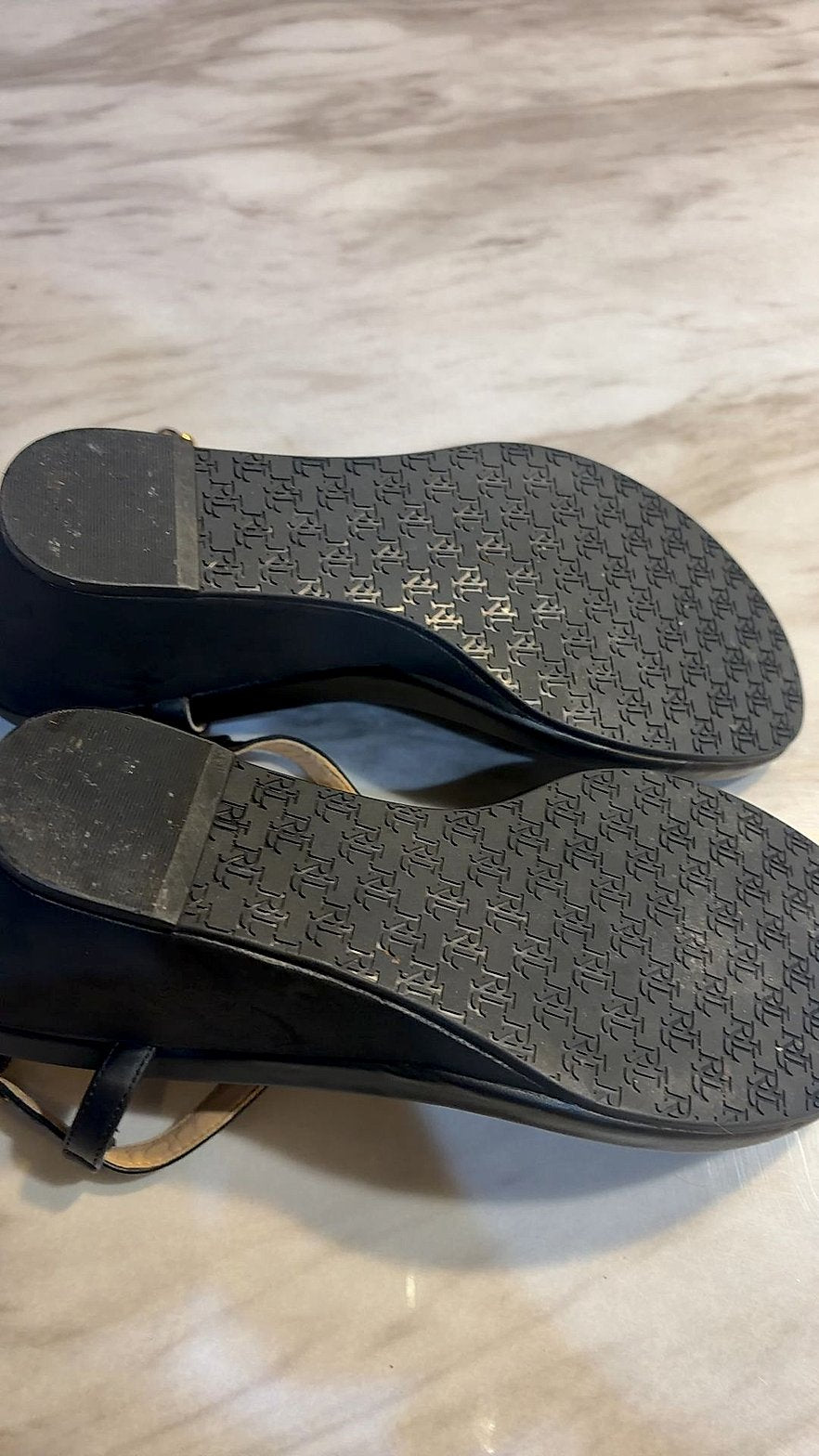 Lauren Ralph Lauren Black Leather T-Strap Wedge Sandals with Gold LRL Logo