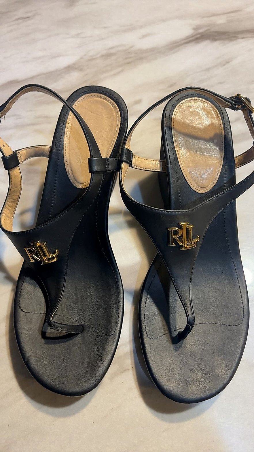 Lauren Ralph Lauren Black Leather T-Strap Wedge Sandals with Gold LRL Logo