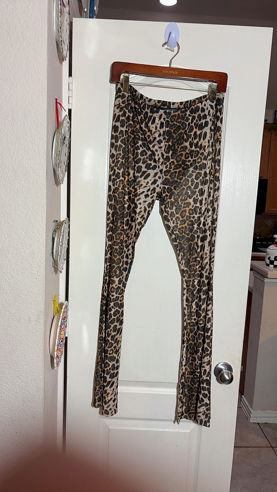 Leopard Print Mesh Two-Piece Set - Flare Pants & Button-Up Top