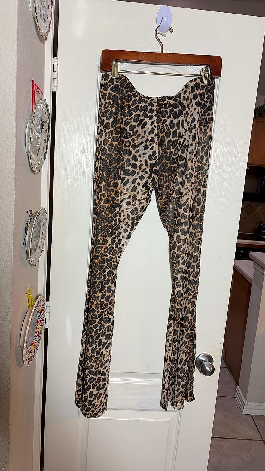Leopard Print Mesh Two-Piece Set - Flare Pants & Button-Up Top