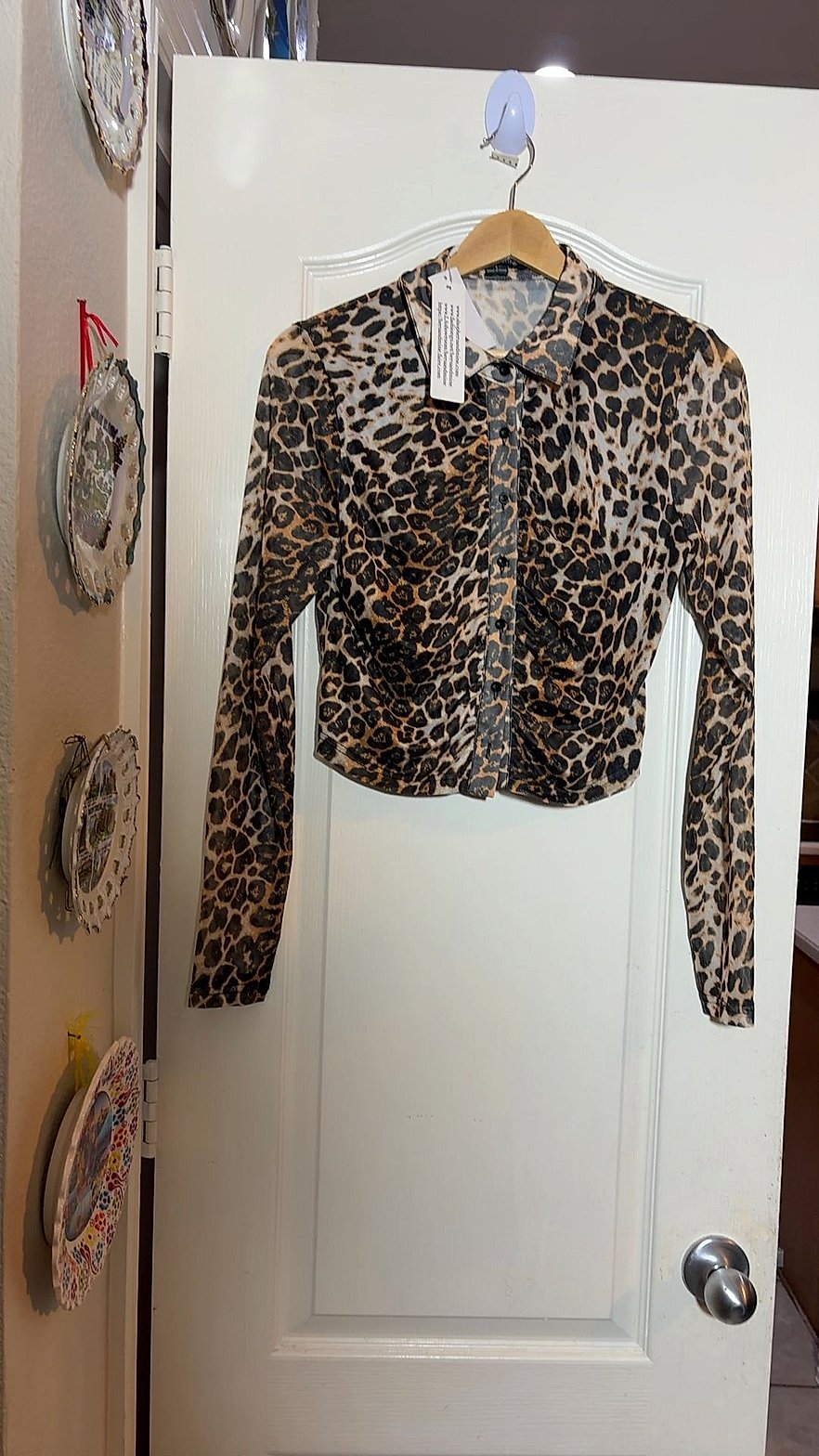 Leopard Print Mesh Two-Piece Set - Flare Pants & Button-Up Top