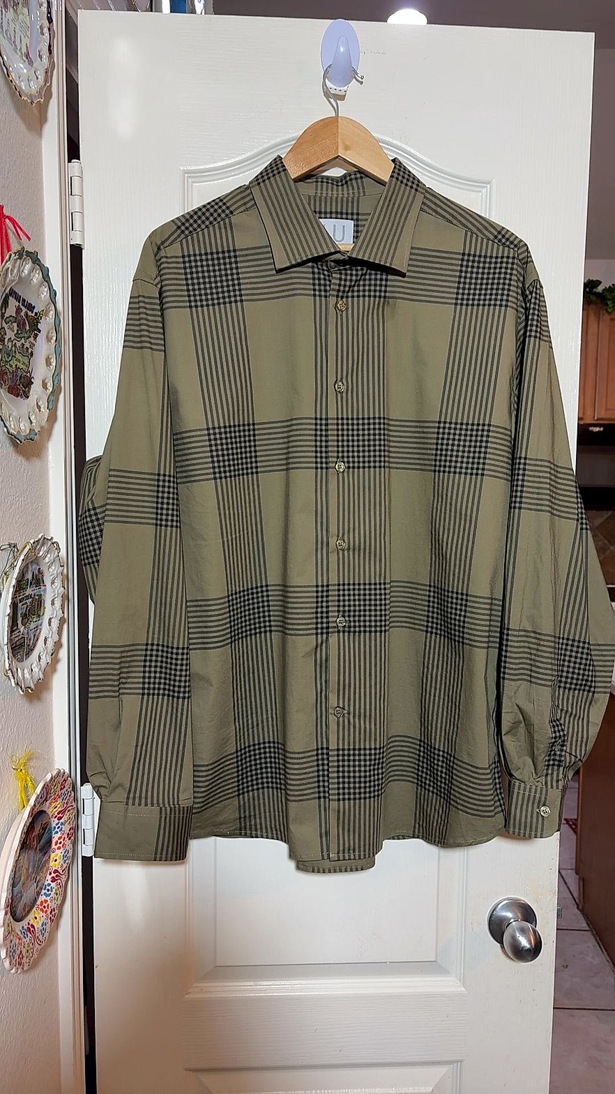 Linea Uomo Men's Olive Plaid Long-Sleeve Button-Up Shirt, Size XXL