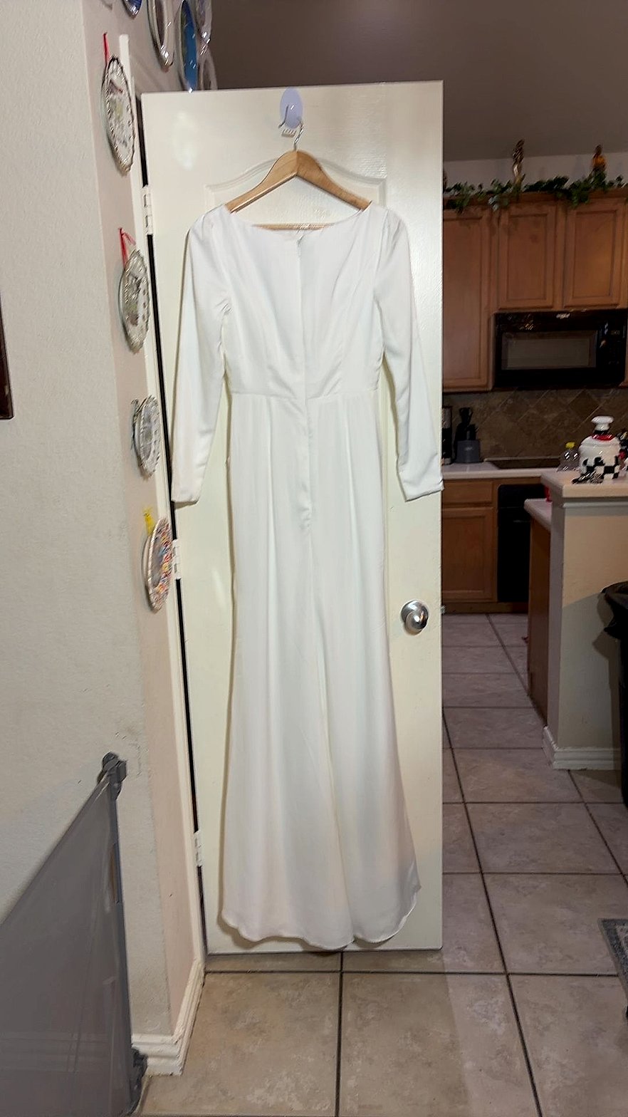 Long-Sleeve White Ruched Bridal Gown with Boat Neckline and High Slit