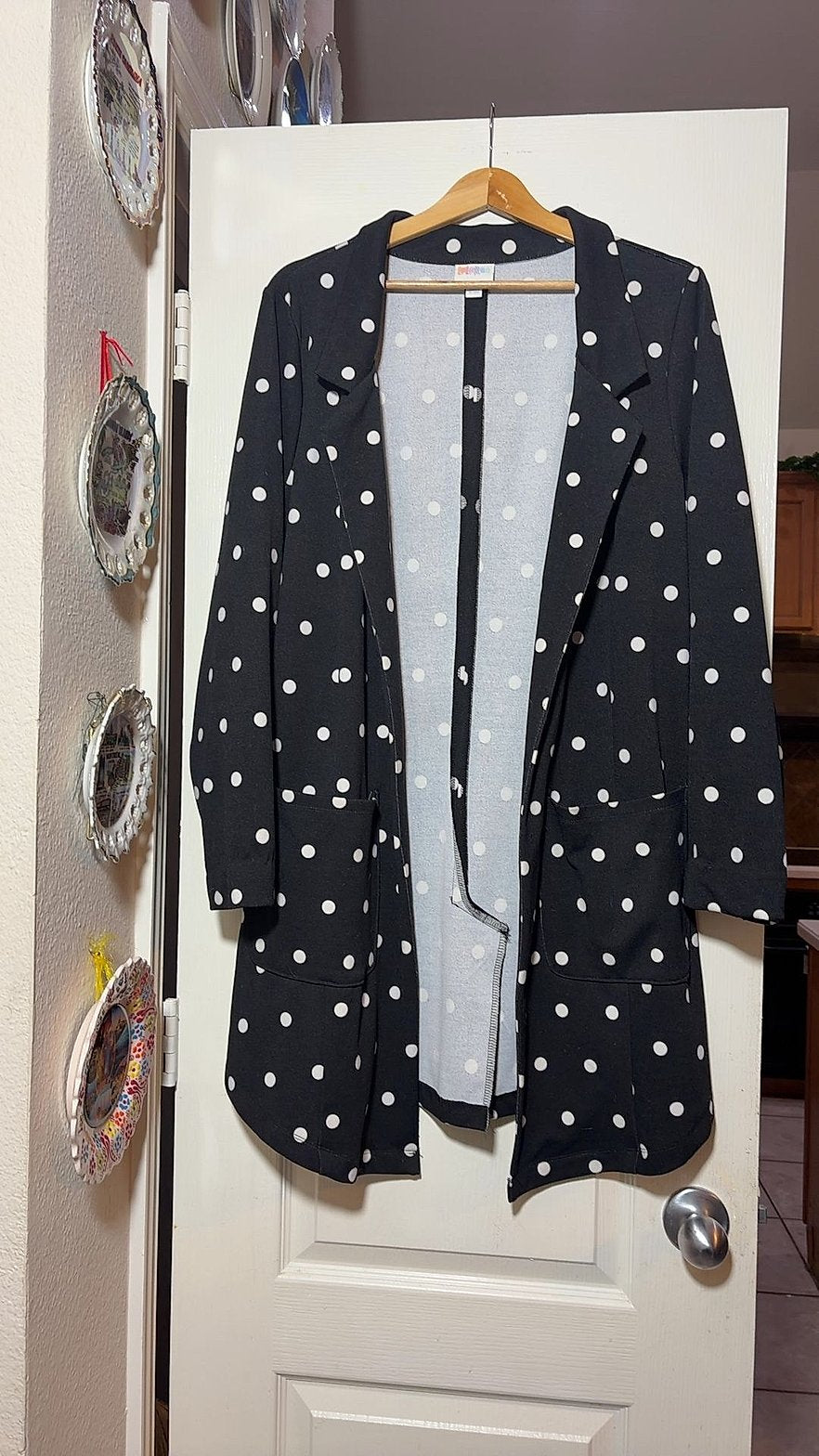 LuLaRoe Sarah Long Duster Cardigan in Black & White Polka Dot, Size XL