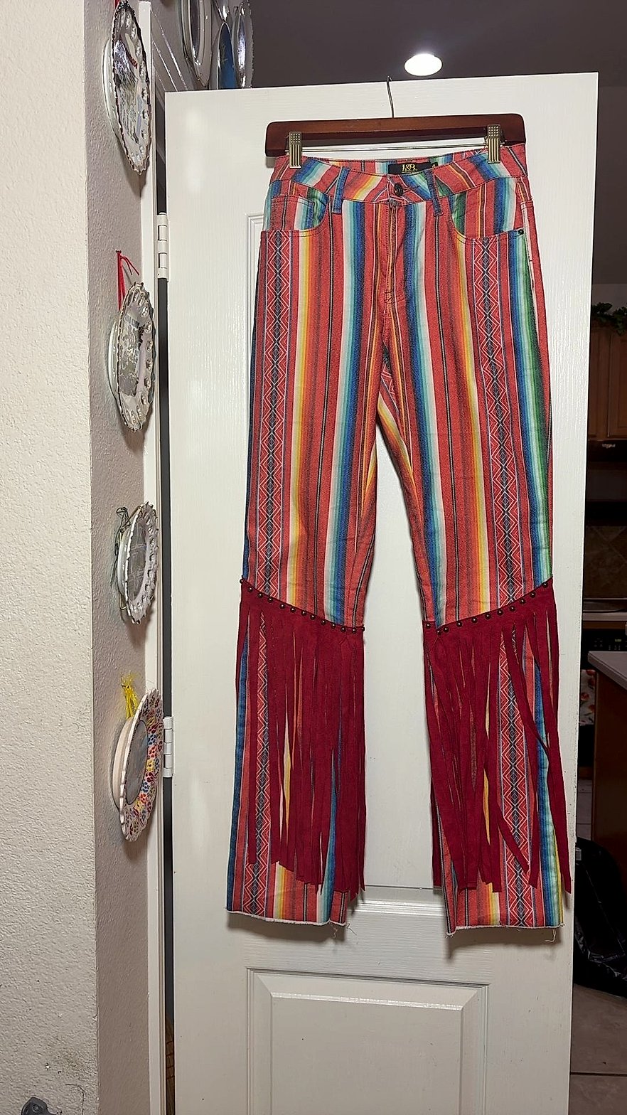 Lucky & Blessed Serape Stripe Fringe Western Bootcut Jeans, Size 4