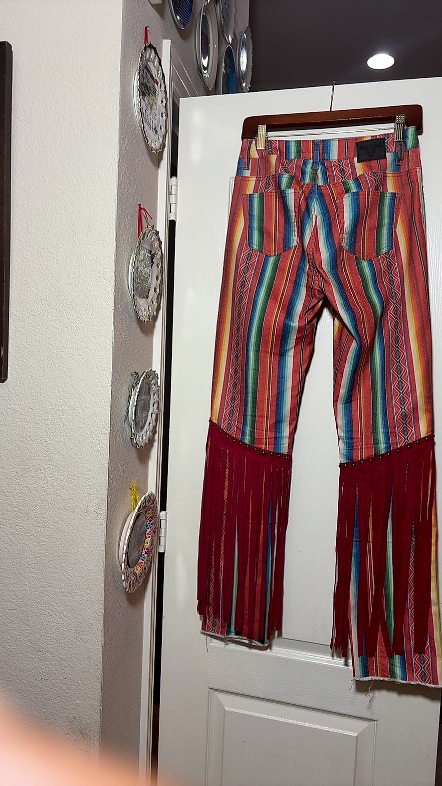 Lucky & Blessed Serape Stripe Fringe Western Bootcut Jeans, Size 4