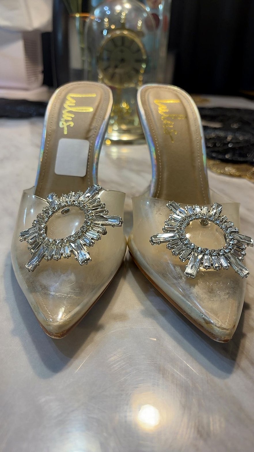 Lulus Clear PVC Rhinestone Sunburst Pointed-Toe Mule Heels