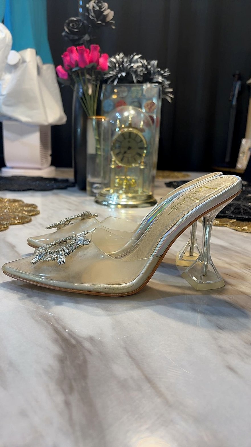 Lulus Clear PVC Rhinestone Sunburst Pointed-Toe Mule Heels