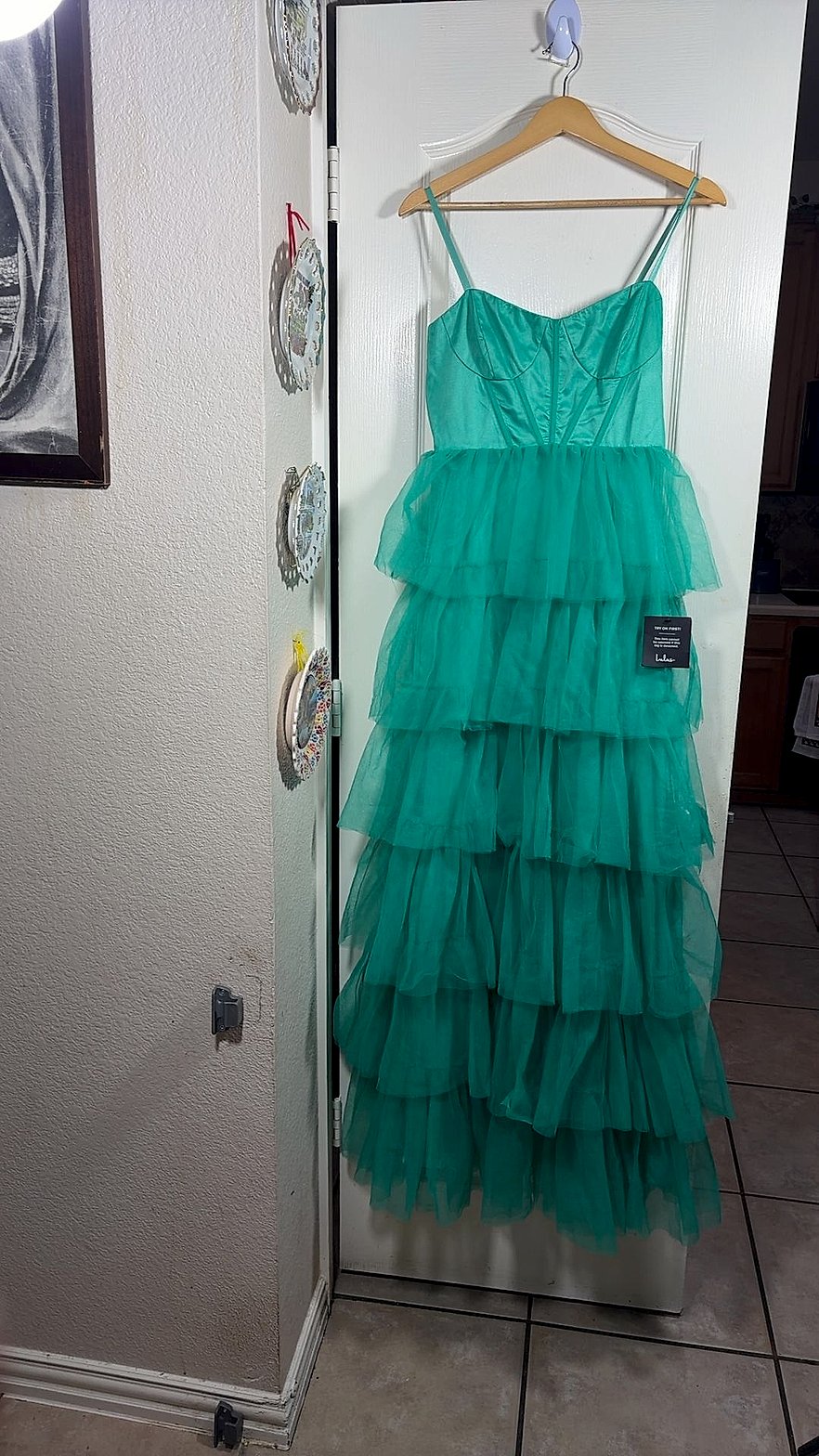 Lulus Green Tiered Tulle Bustier Maxi Dress, Satin Corset Bodice, Size S, New With Tags