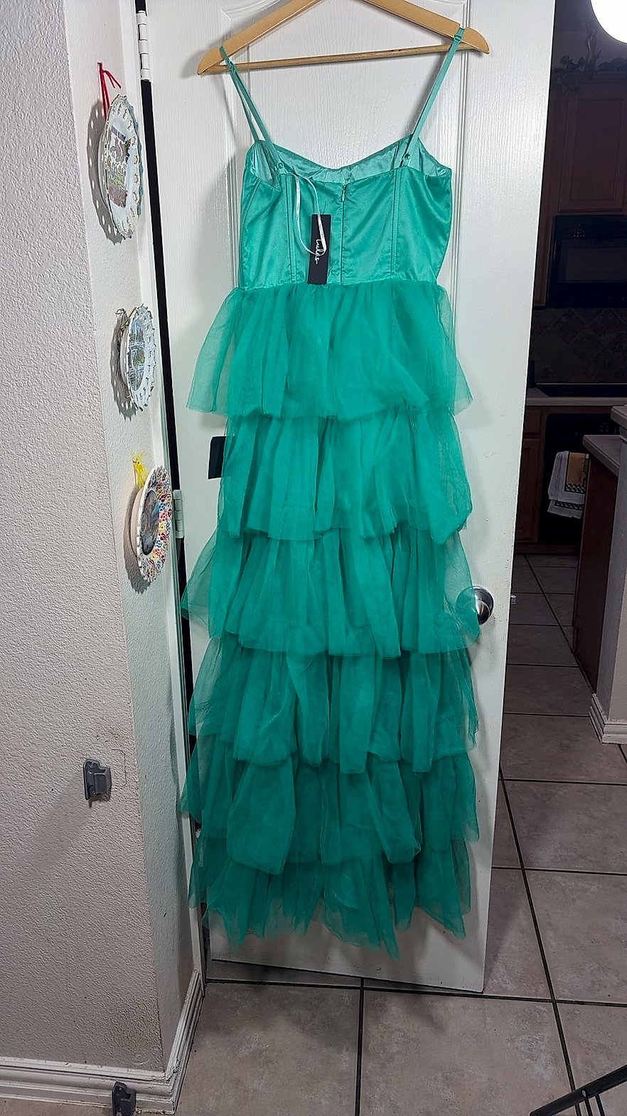 Lulus Green Tiered Tulle Bustier Maxi Dress, Satin Corset Bodice, Size S, New With Tags