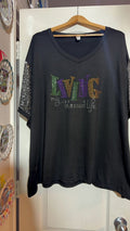 Mardi Gras "Living My Blessed Life" Rhinestone V-Neck Top with Sequin Sleeves, Plus Size 8XL