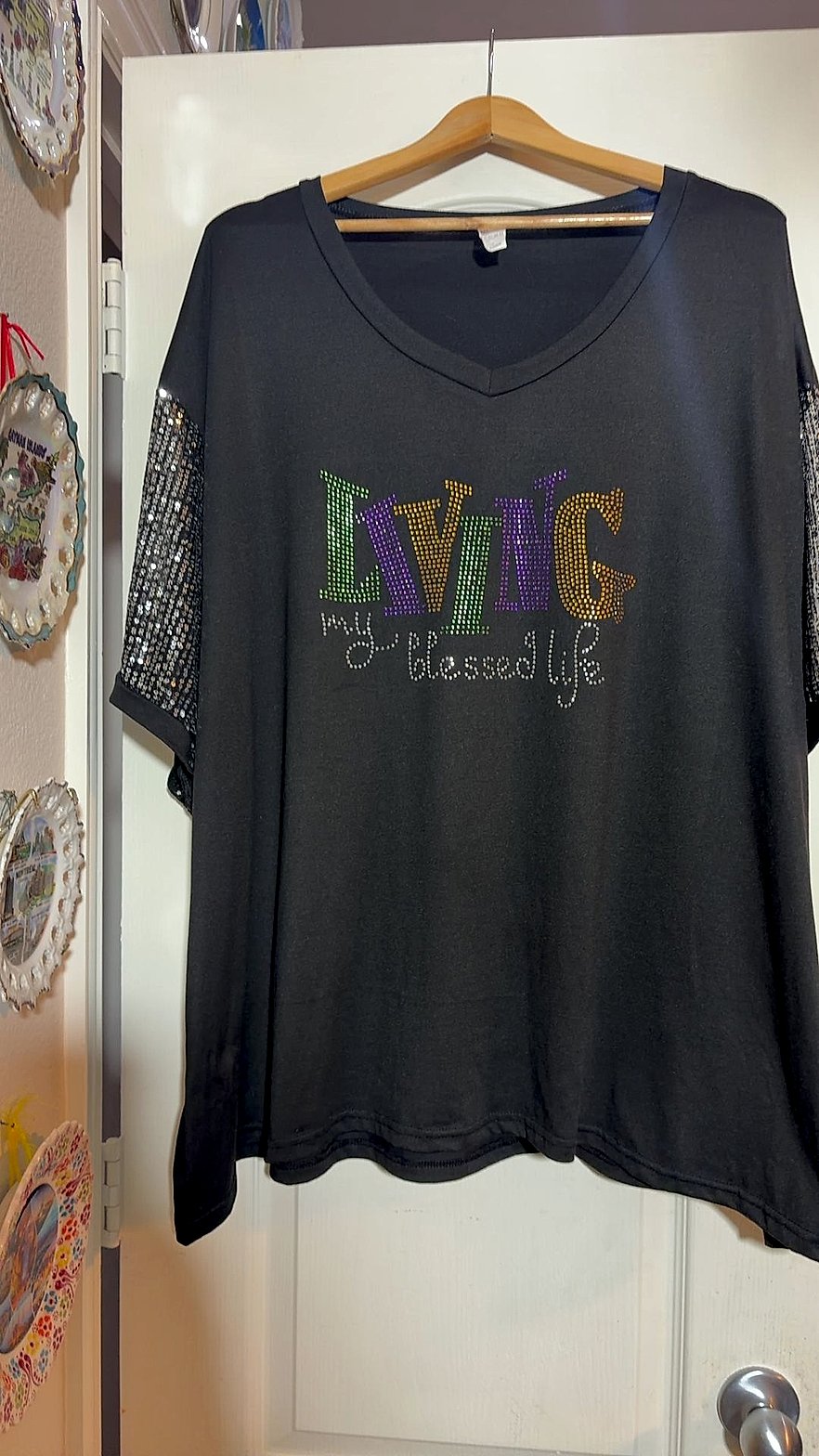 Mardi Gras "Living My Blessed Life" Rhinestone V-Neck Top with Sequin Sleeves, Plus Size 8XL