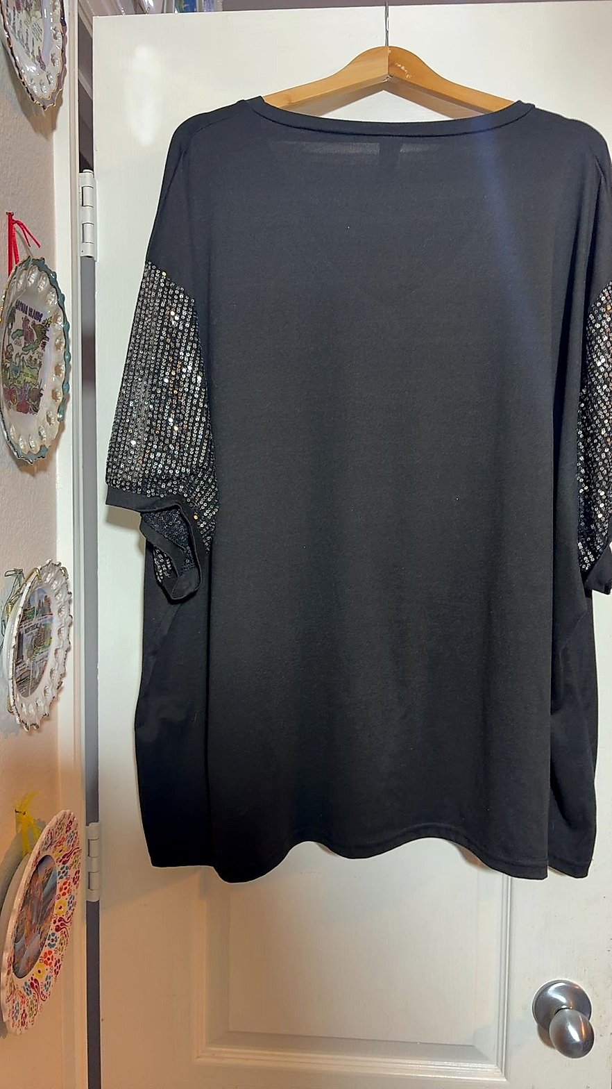 Mardi Gras "Living My Blessed Life" Rhinestone V-Neck Top with Sequin Sleeves, Plus Size 8XL