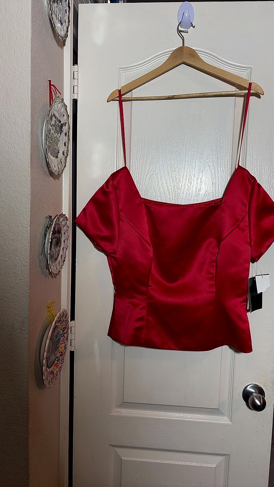 Mark & Lizzie Red Satin Cap-Sleeve Camisole Top with Spaghetti Straps