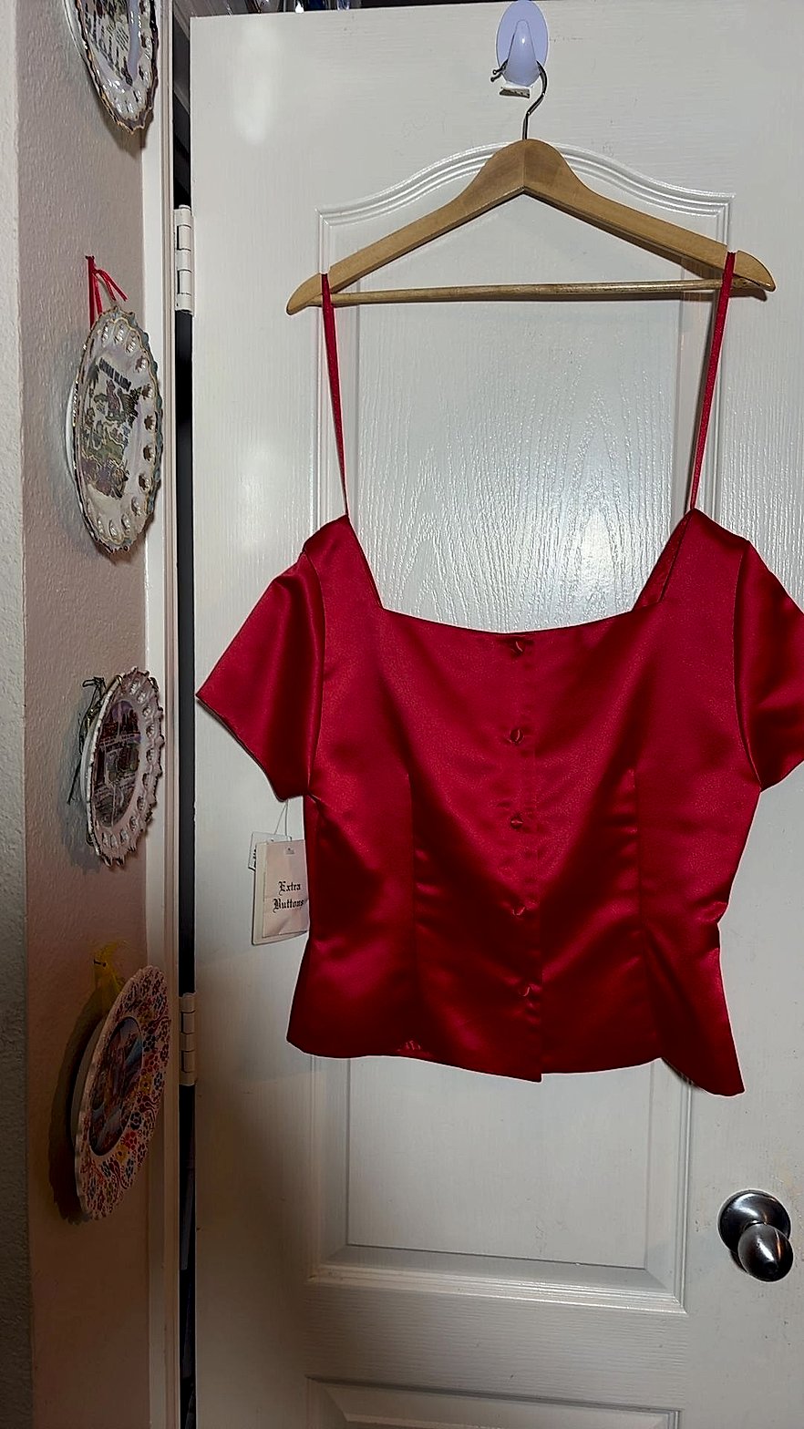 Mark & Lizzie Red Satin Cap-Sleeve Camisole Top with Spaghetti Straps