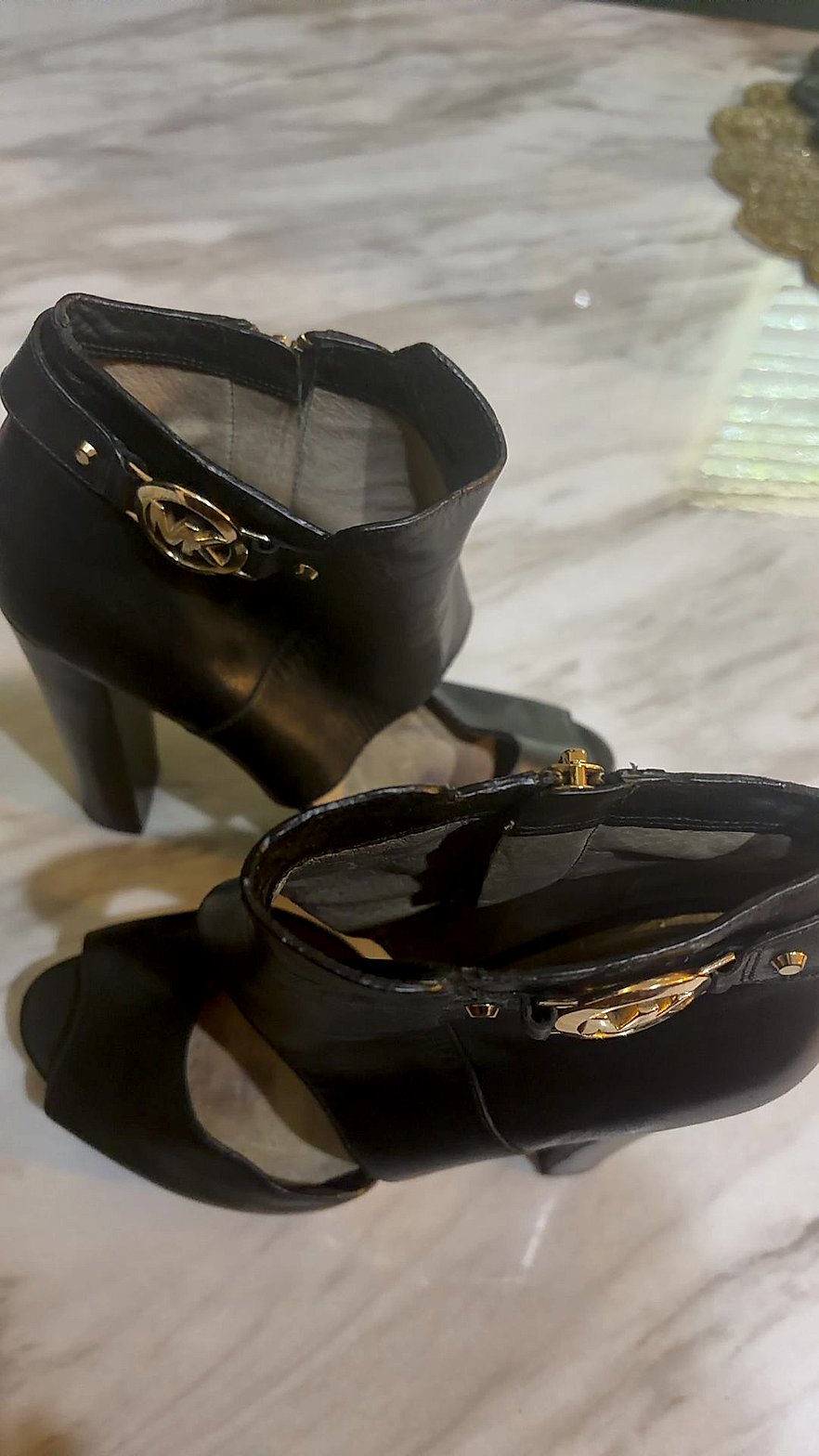 Michael Kors Black Leather Peep-Toe Ankle Boots with Gold MK Logo Harness