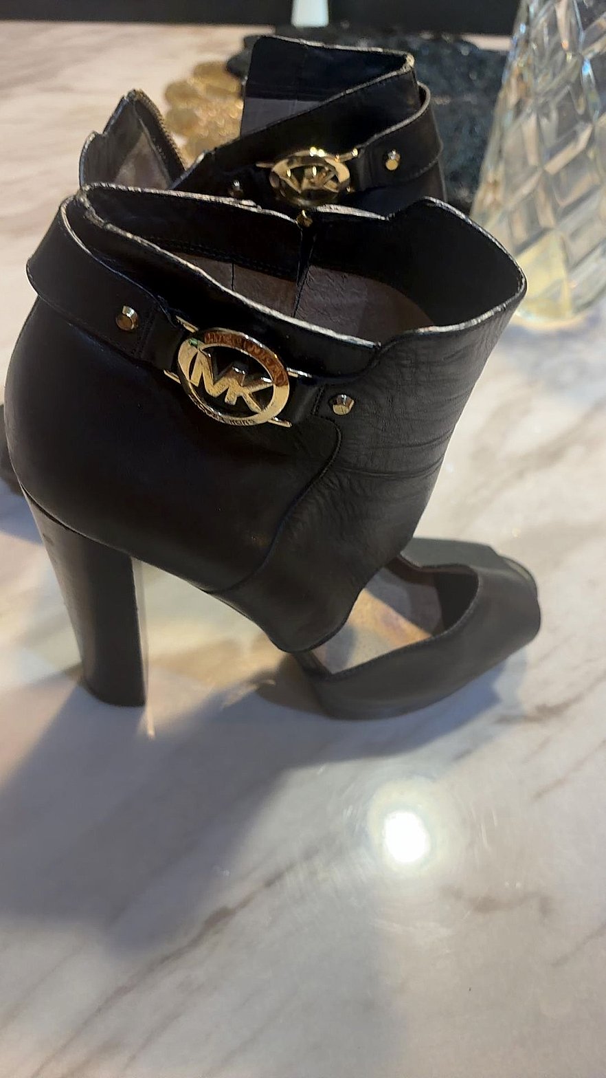 Michael Kors Black Leather Peep-Toe Ankle Boots with Gold MK Logo Harness
