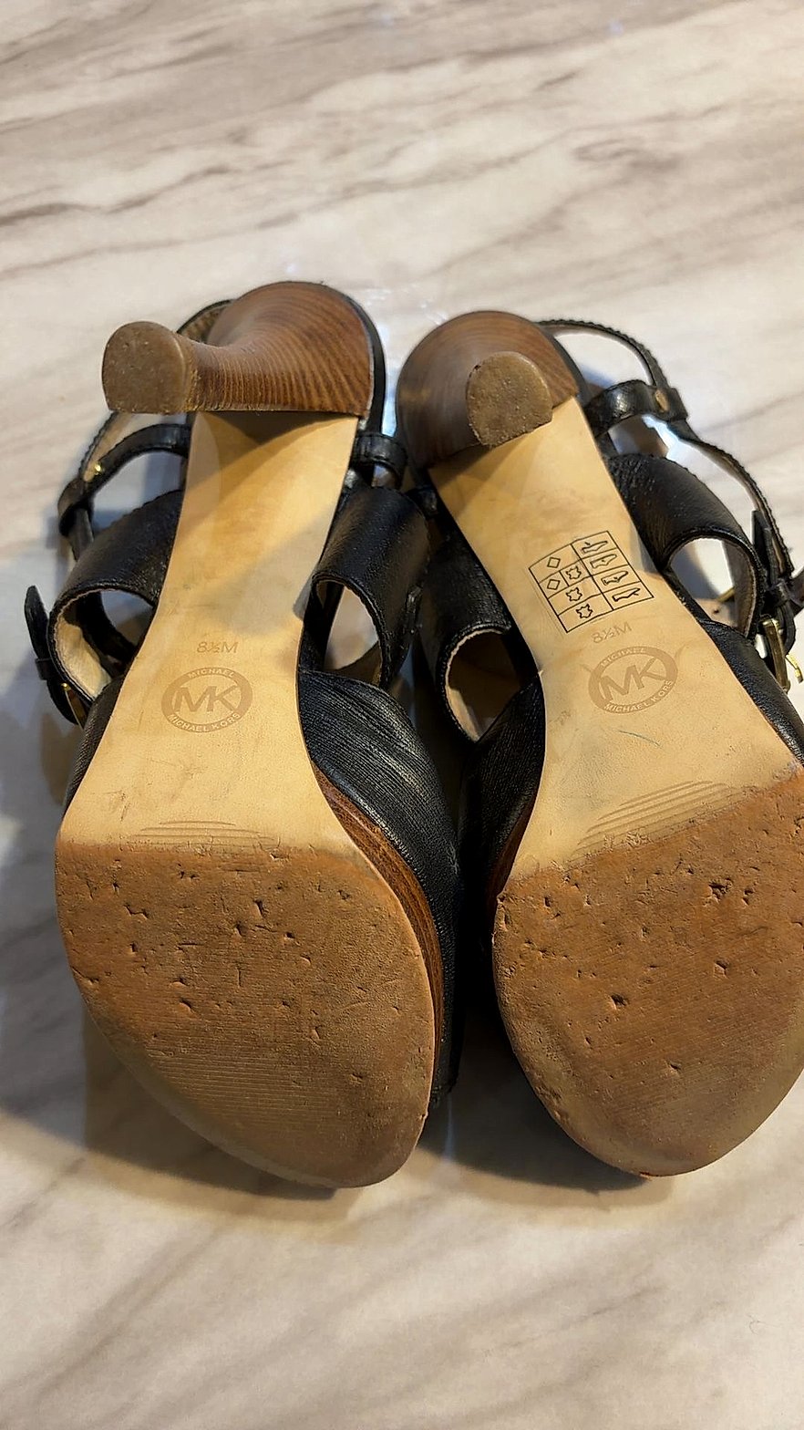 Michael Kors Black Leather Platform Sandals with Gold MK Logo Medallion, Size 8.5M