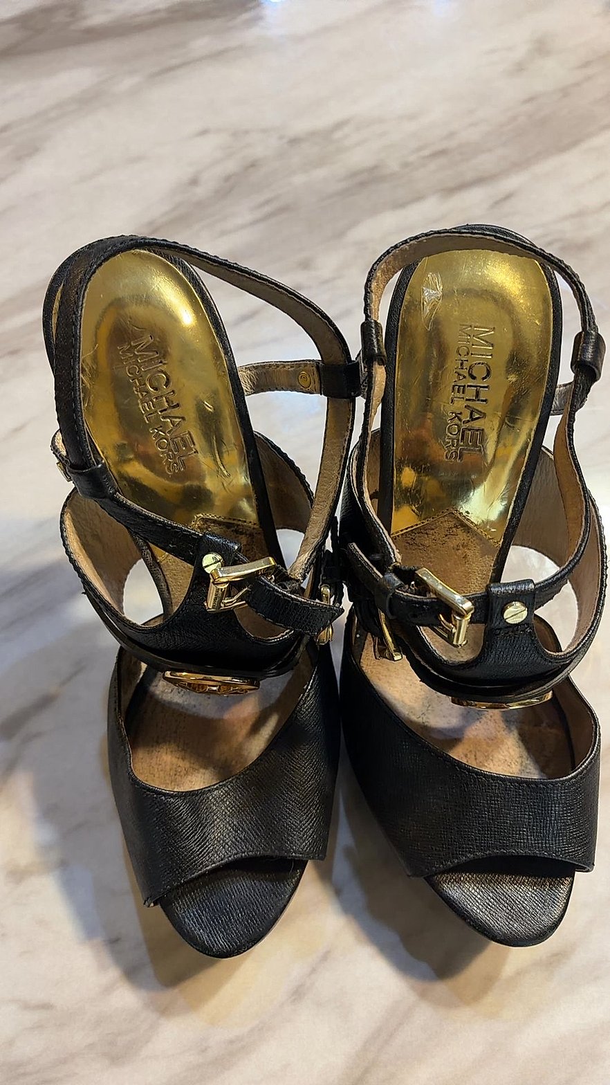 Michael Kors Black Leather Platform Sandals with Gold MK Logo Medallion, Size 8.5M