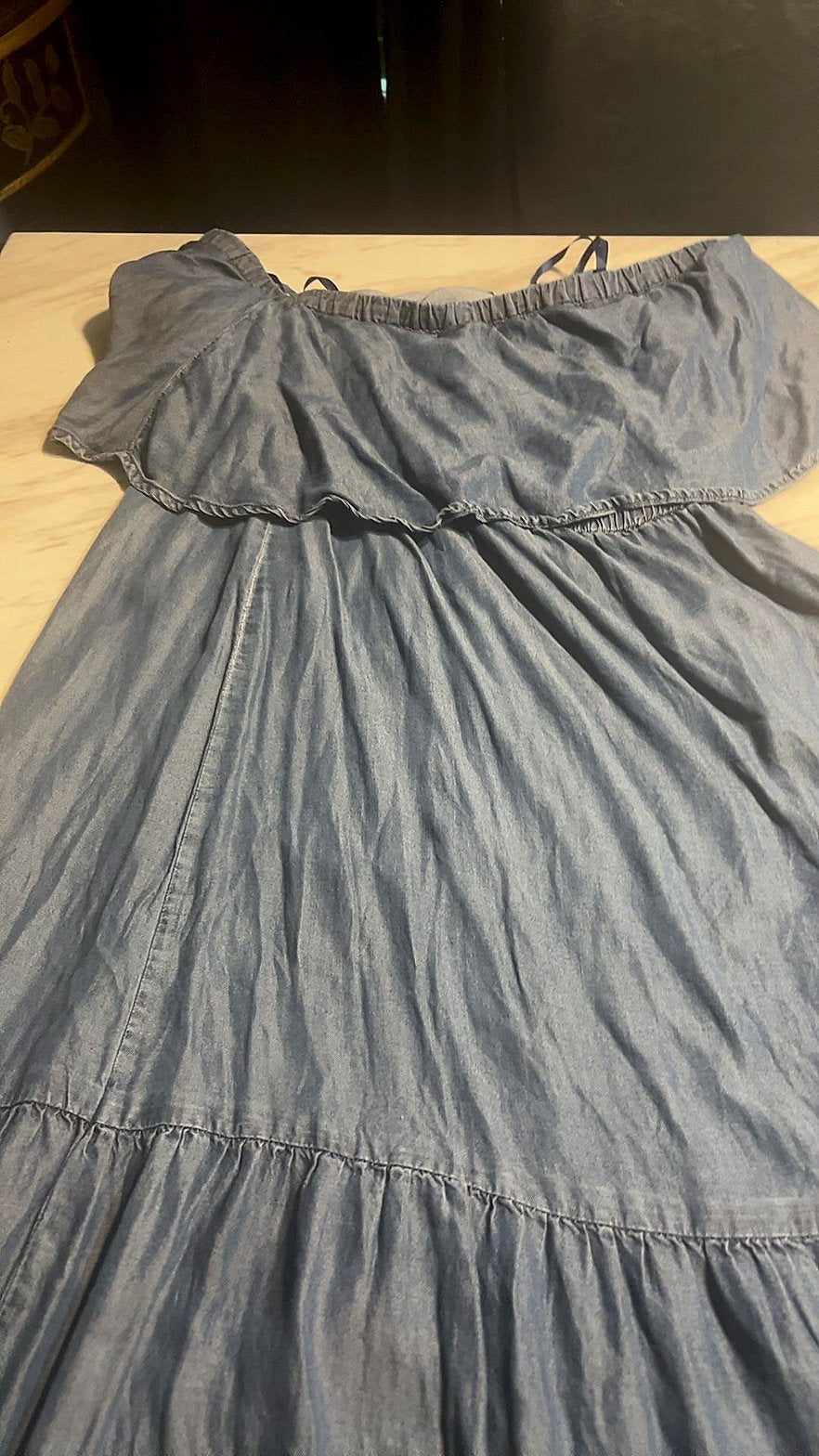 Michael Kors Off-Shoulder Tiered Chambray Maxi Dress Very Good