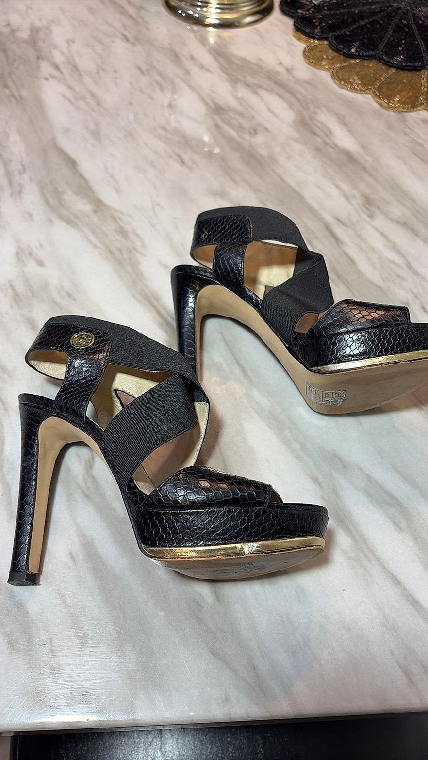 Michael Kors Snakeskin-Embossed Platform Slingback Sandals, Size 6M
