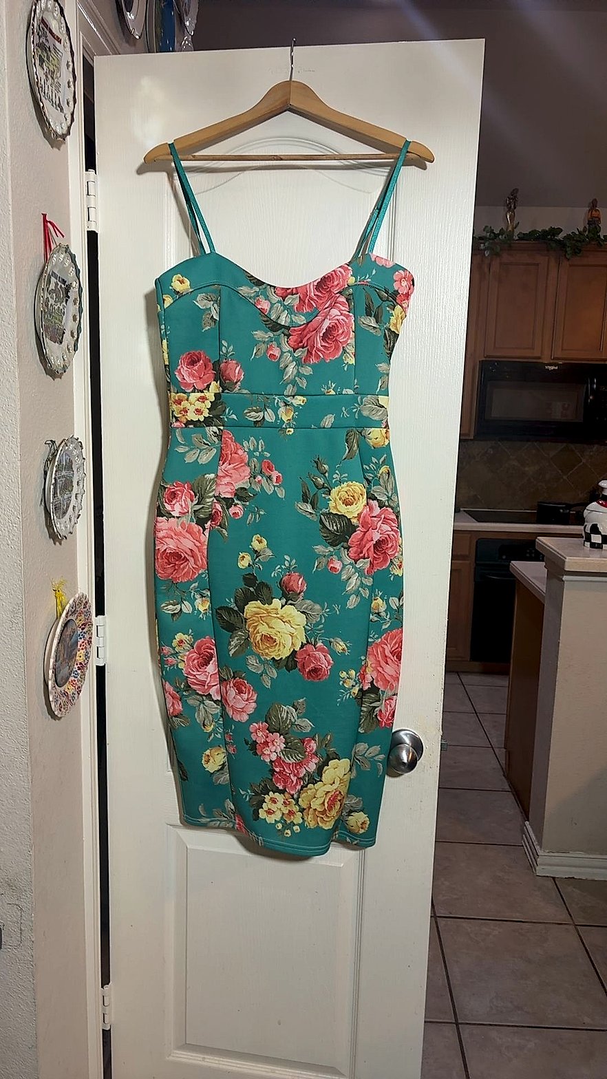Miss Blush Teal Floral Rose Print Bodycon Pencil Dress with Adjustable Straps