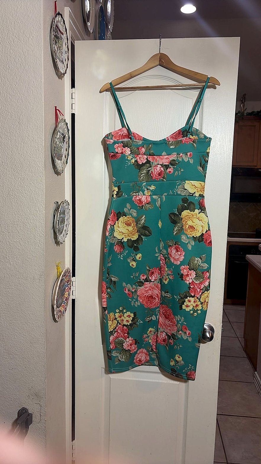 Miss Blush Teal Floral Rose Print Bodycon Pencil Dress with Adjustable Straps