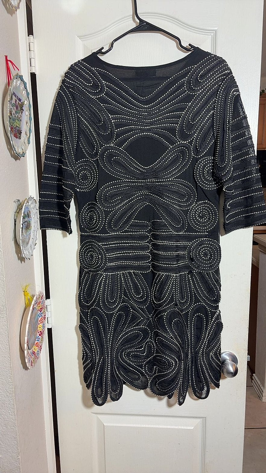 Modelia Women's Black Soutache Cord Embroidered Shift Dress with Scalloped Hem, Size L