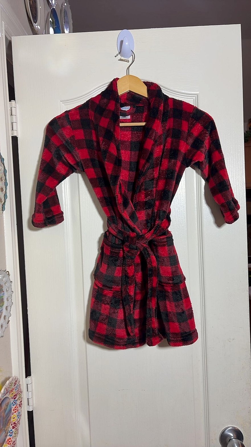 Mon Petit Toddler Buffalo Plaid Plush Fleece Robe with Belt, Size 3T