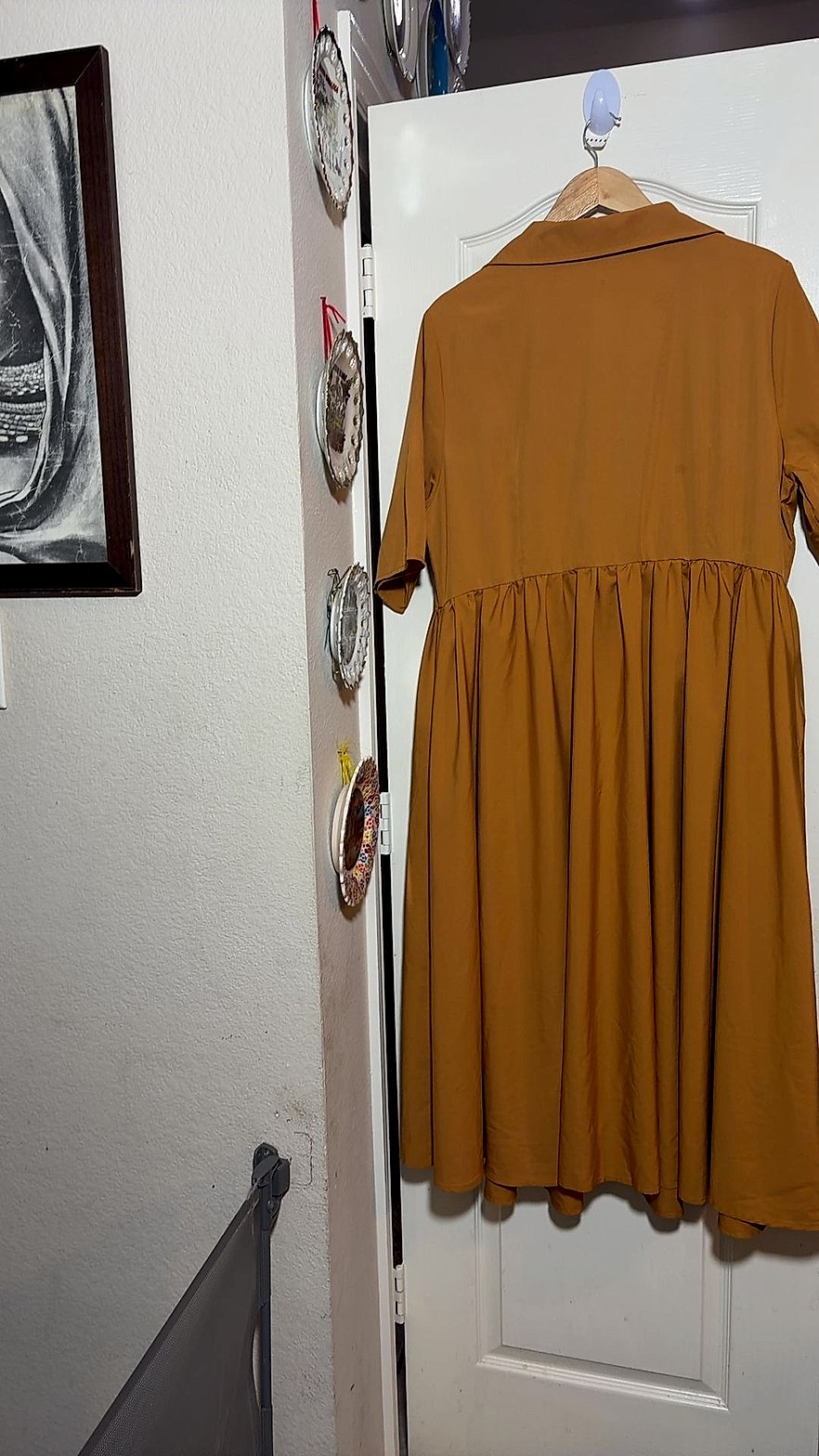 Mustard Yellow Button-Front Midi Shirt Dress with Camp Collar and Gathered Skirt