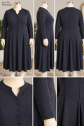 Navy Pin Dot Long Sleeve Fit and Flare Knit Dress with Mandarin Collar and Button Front Bodice, Size 3XL
