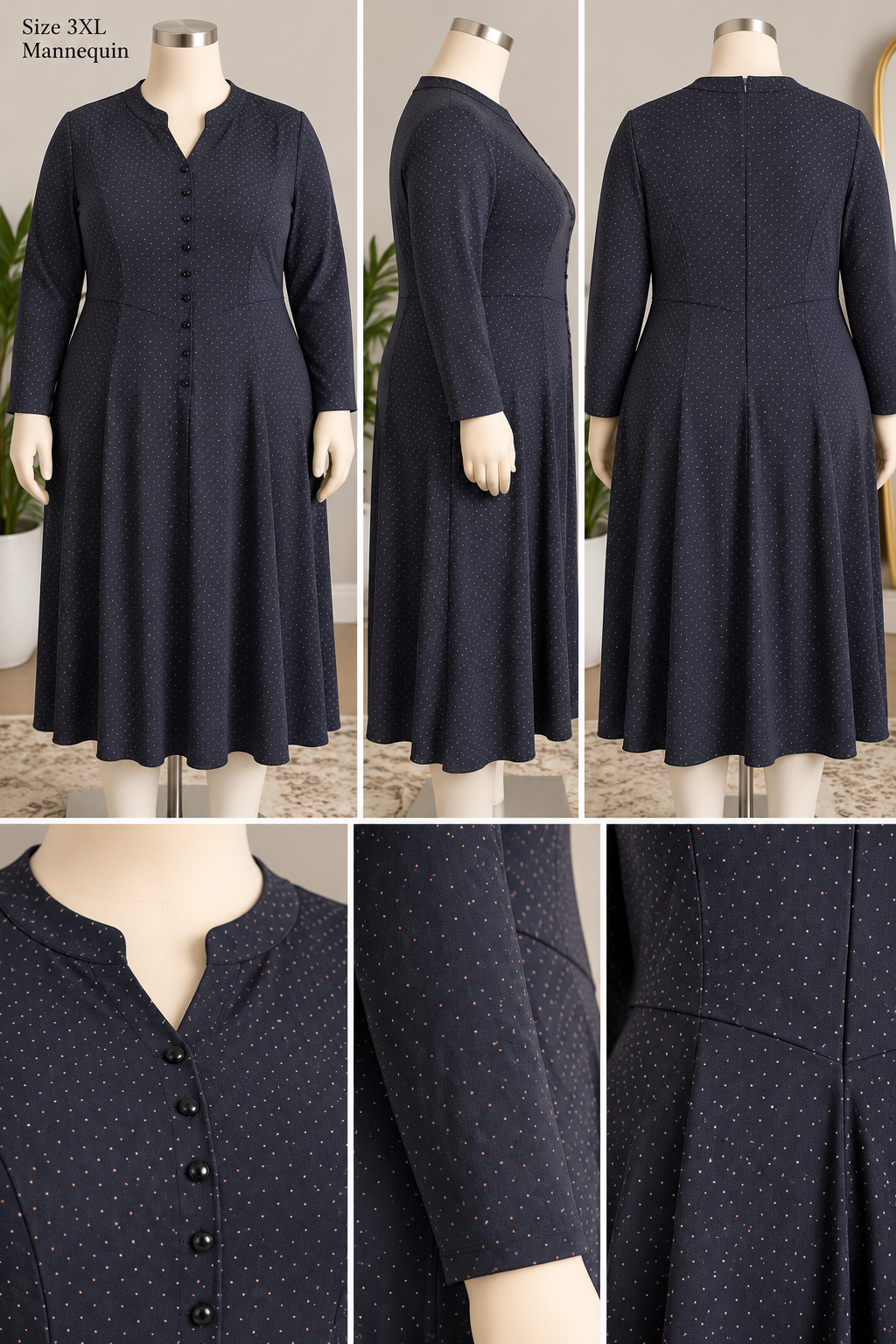 Navy Pin Dot Long Sleeve Fit and Flare Knit Dress with Mandarin Collar and Button Front Bodice, Size 3XL