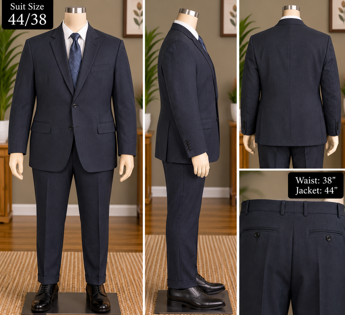 Linea Uomo Performance Suit Mens 44L 38W Charcoal Gray Birdseye Wool Blend Used