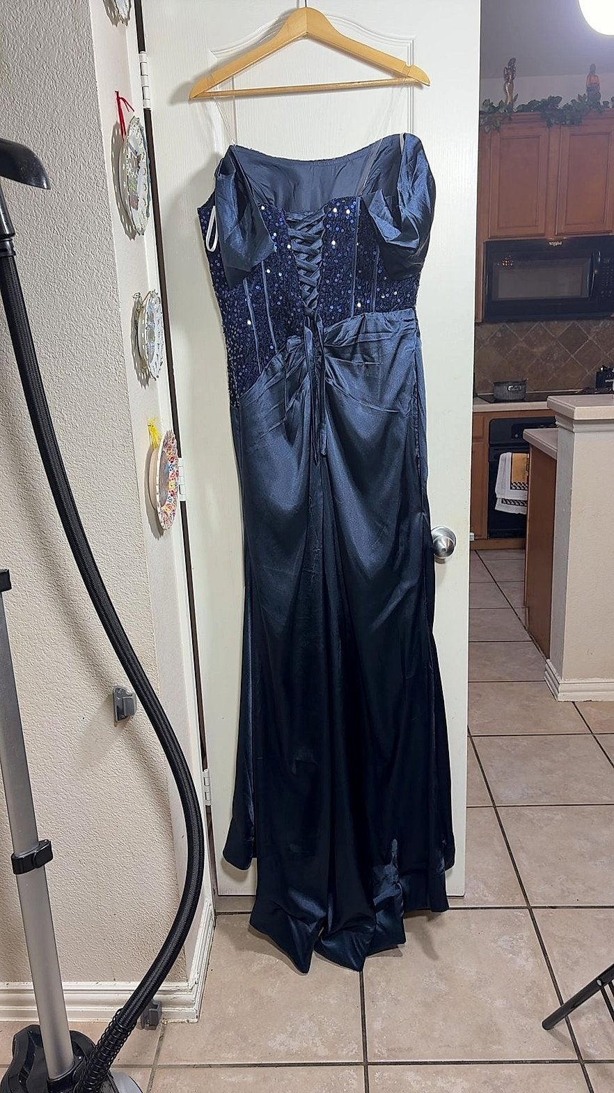 Navy Blue Satin Off-Shoulder Prom/Evening Gown with Sequin Corset Bodice, Lace-Up Back and Ruched Mermaid Skirt, Size 12