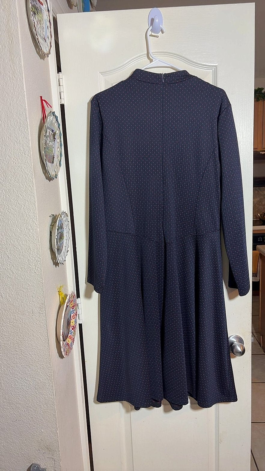 Navy Pin Dot Long Sleeve Fit and Flare Knit Dress with Mandarin Collar and Button Front Bodice, Size 3XL