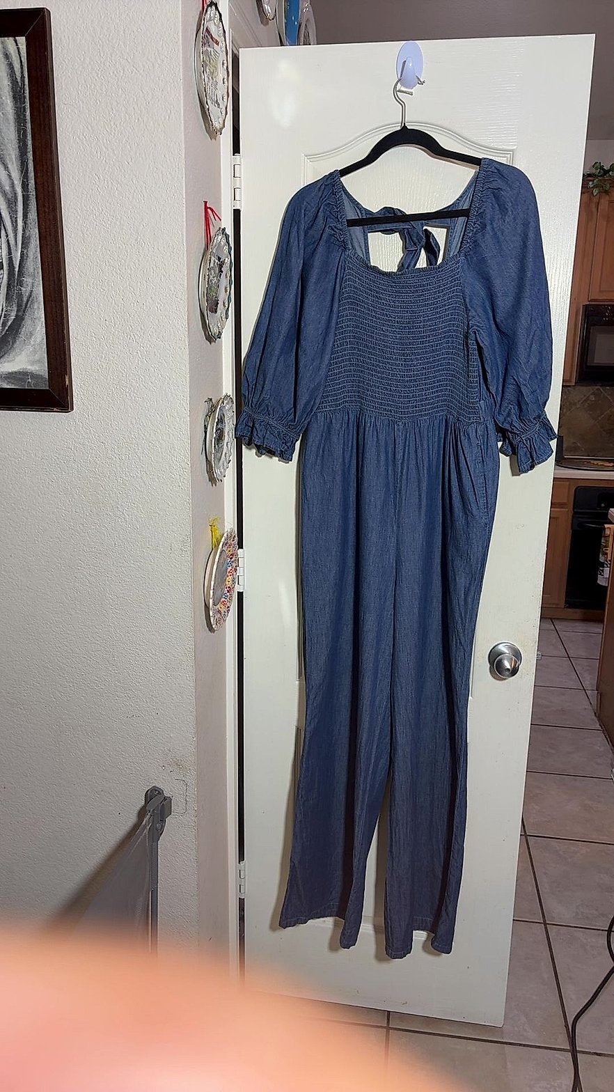 New York & Company Chambray Denim Jumpsuit with Smocked Bodice and Puff Sleeves