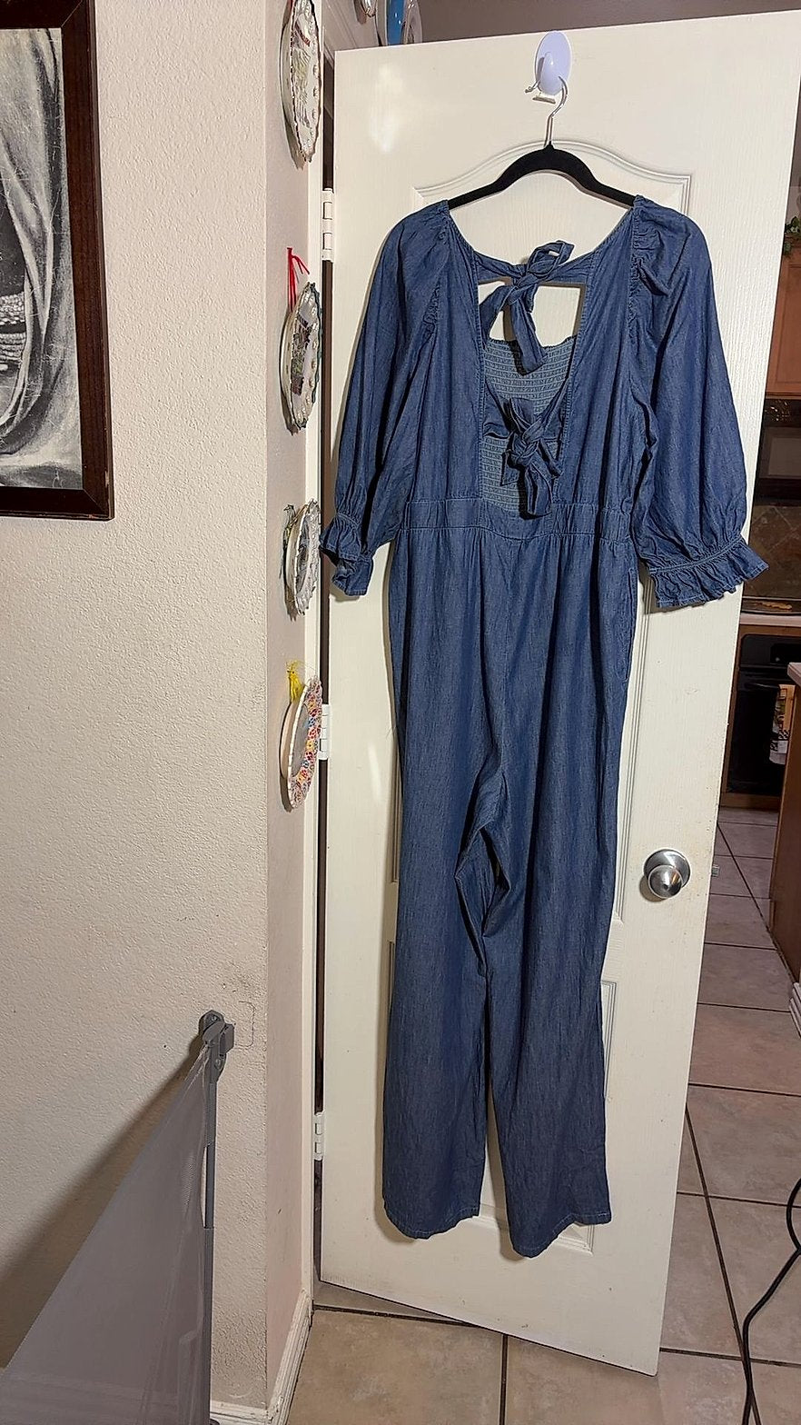 New York & Company Chambray Denim Jumpsuit with Smocked Bodice and Puff Sleeves