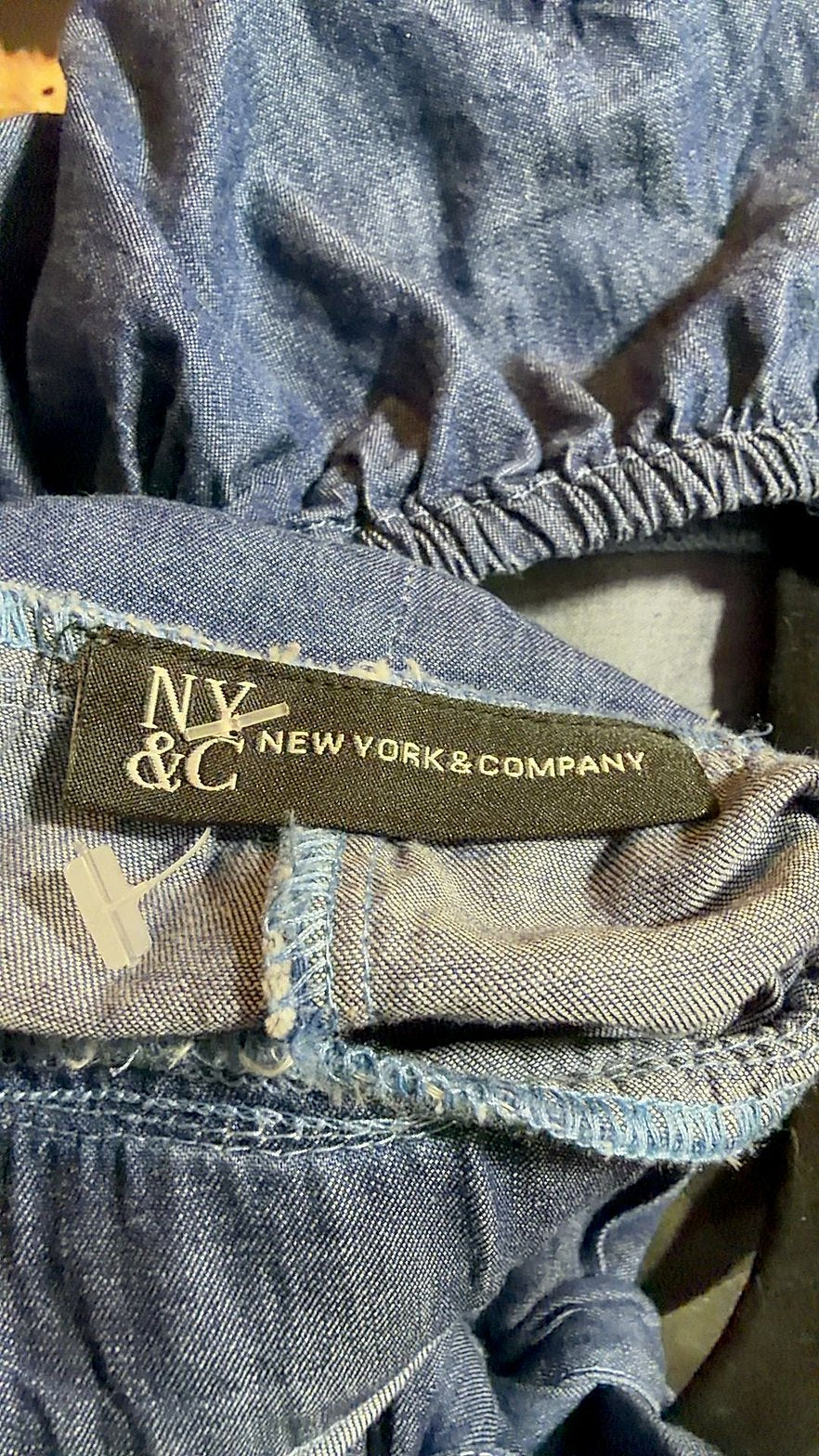 New York & Company Chambray Denim Jumpsuit with Smocked Bodice and Puff Sleeves