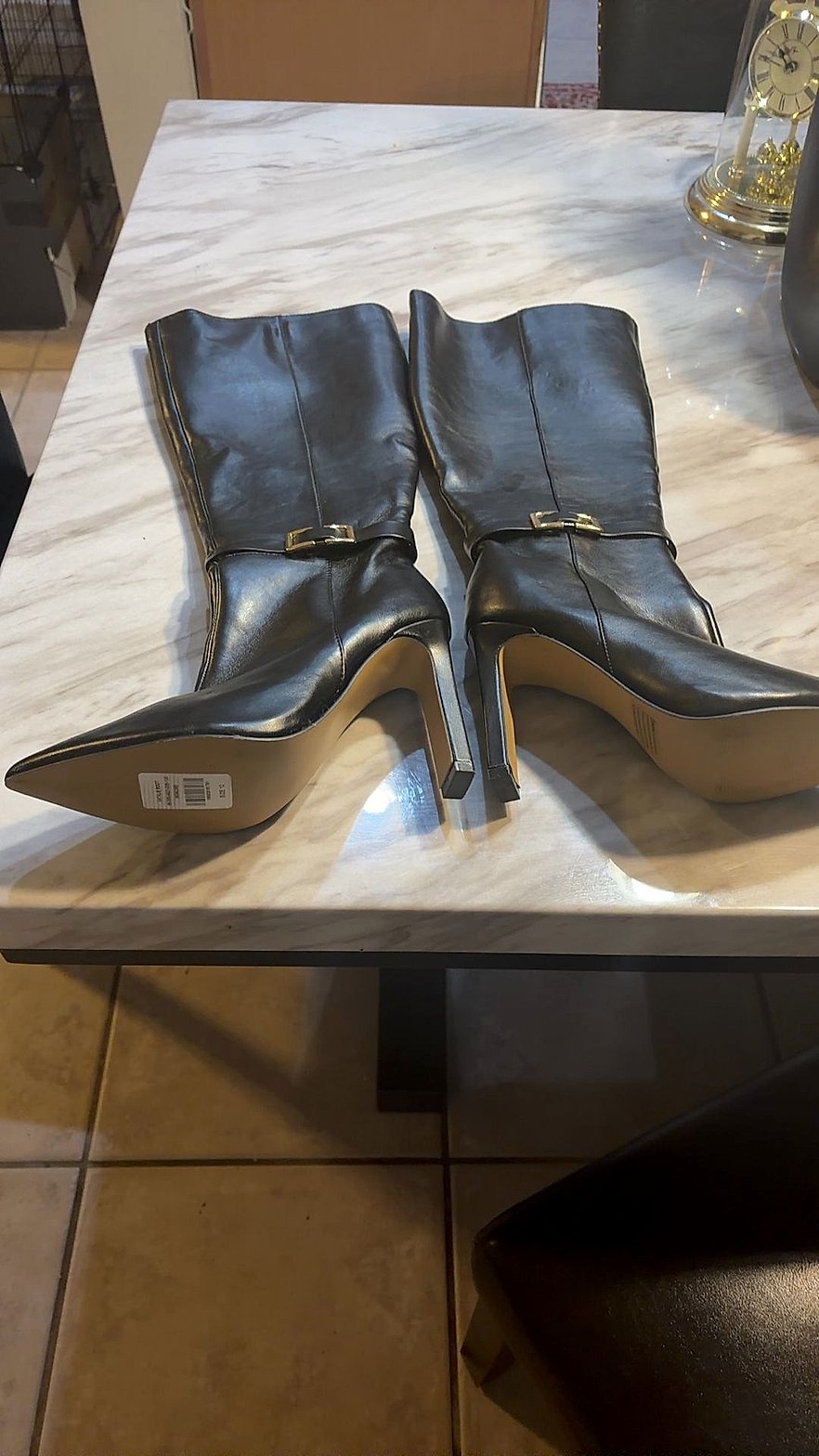 Women's Black Pointed-Toe Mid-Calf Stiletto Boots with Gold Buckle Accent, Size 10