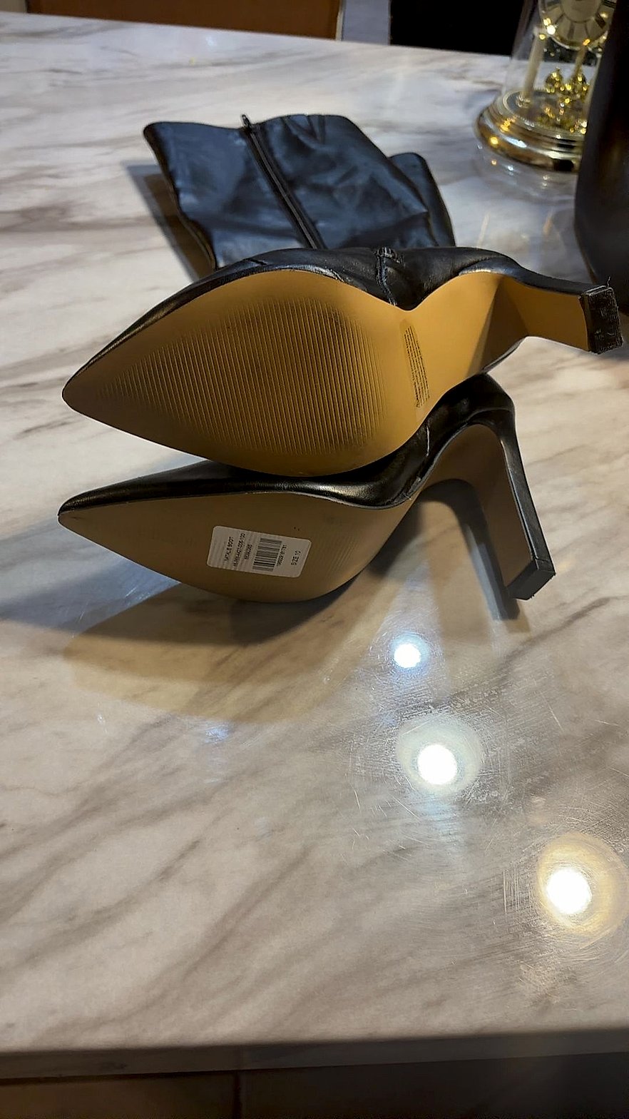 Women's Black Pointed-Toe Mid-Calf Stiletto Boots with Gold Buckle Accent, Size 10