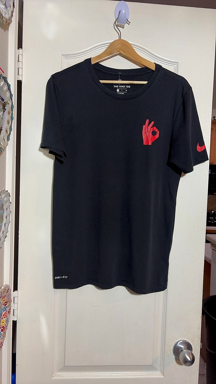 Nike Dri-FIT Athletic Cut T-Shirt, Black with Red OK Hand Graphic, Size S