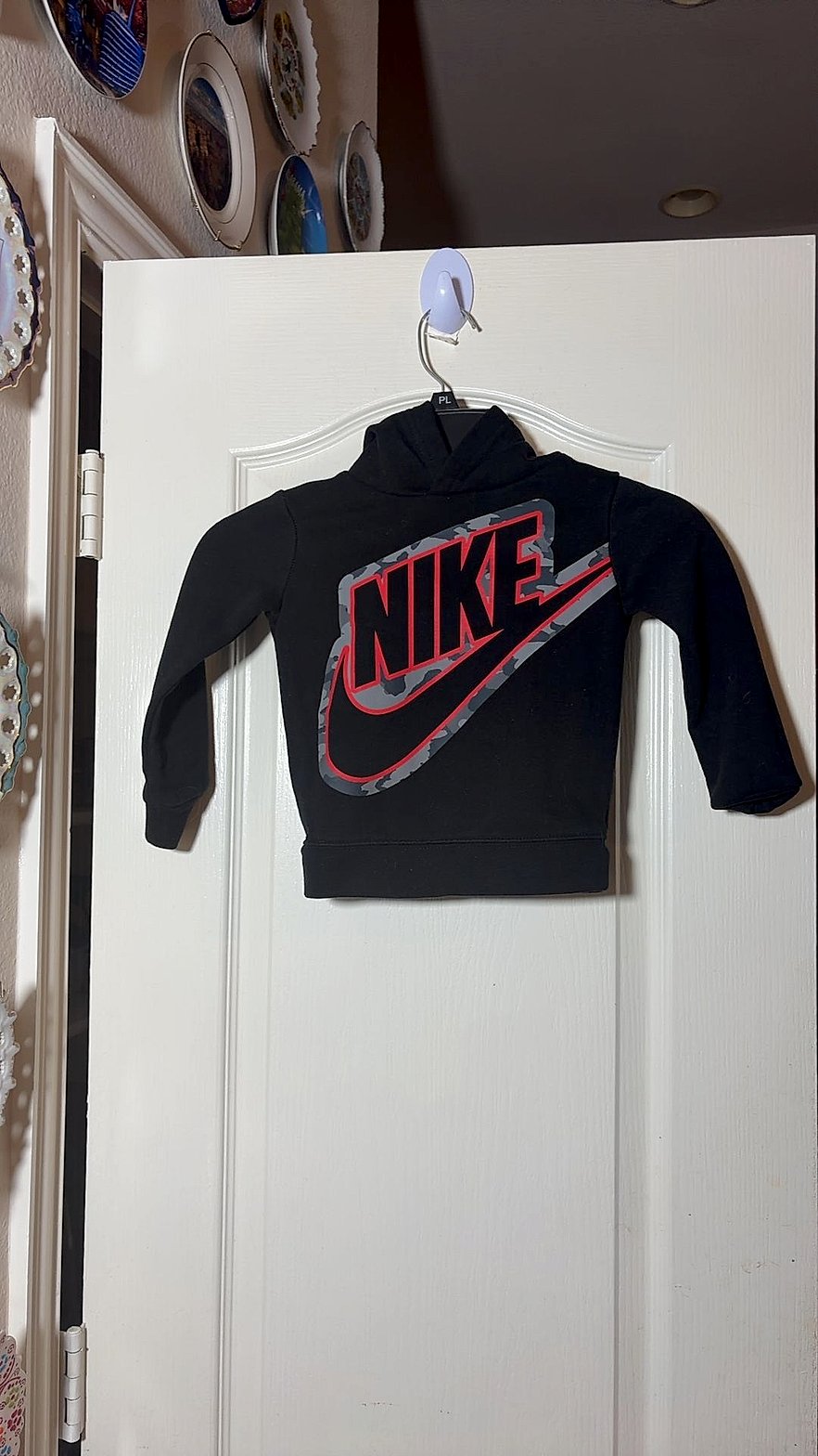 Nike Toddler Futura Logo Pullover Hoodie, Black with Red Outline and Grey Camo Swoosh, Size 2T
