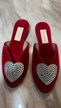 Olivia Morris At Home Red Velvet Crystal Heart Pointed-Toe Mules Size 36 EU 6
