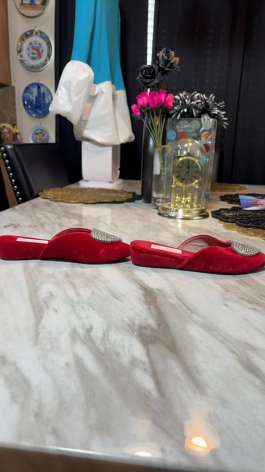 Olivia Morris At Home Red Velvet Crystal Heart Pointed-Toe Mules Size 36 EU 6