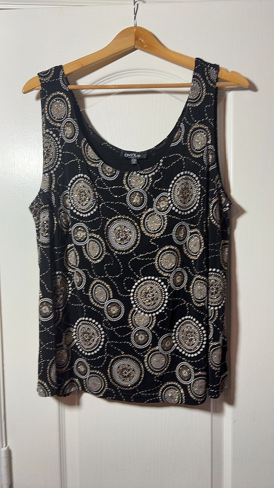 Onyx Nite Black & Gold Metallic Medallion Print Sleeveless Tank Top, Size 2X