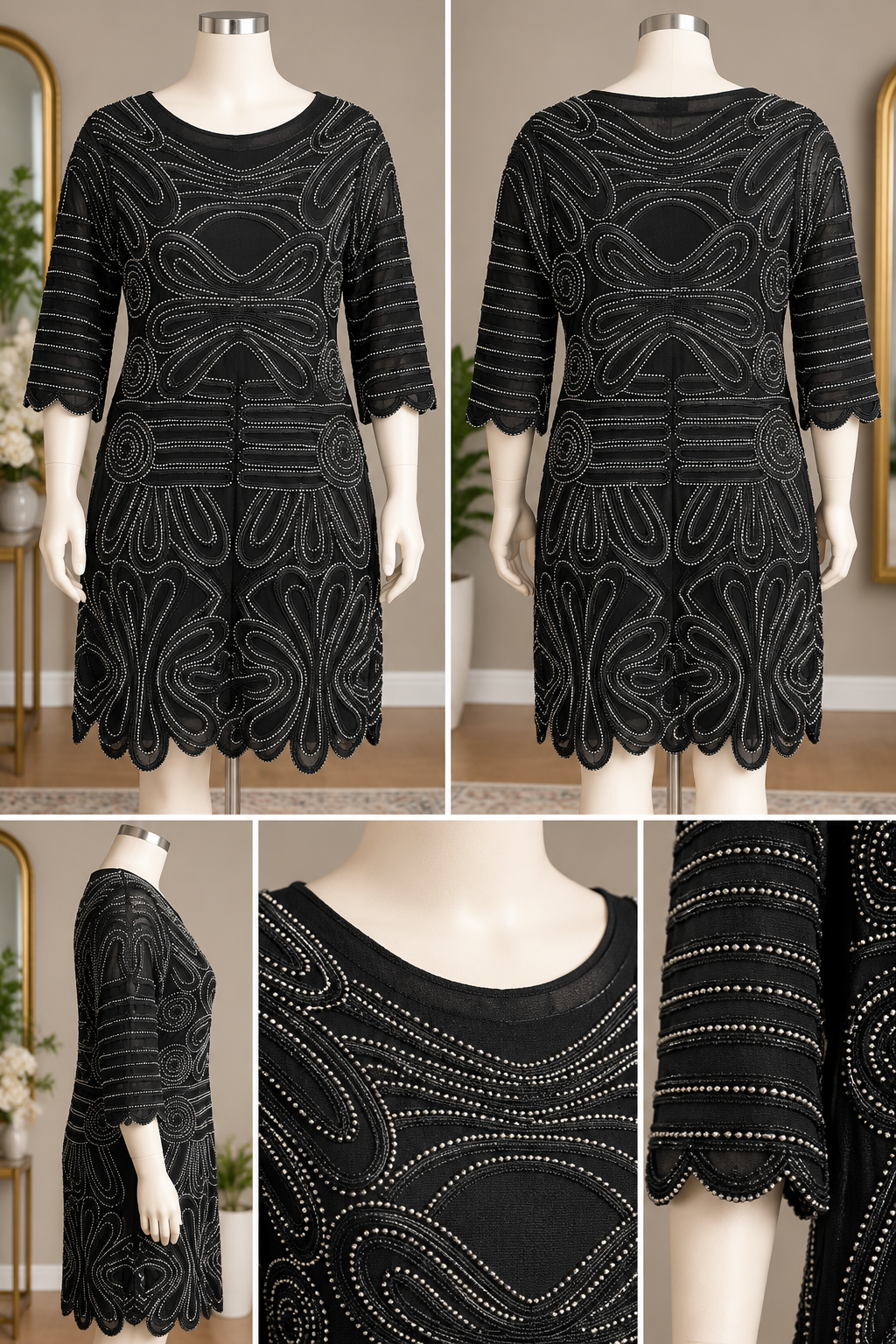 Modelia Women's Black Soutache Cord Embroidered Shift Dress with Scalloped Hem, Size L
