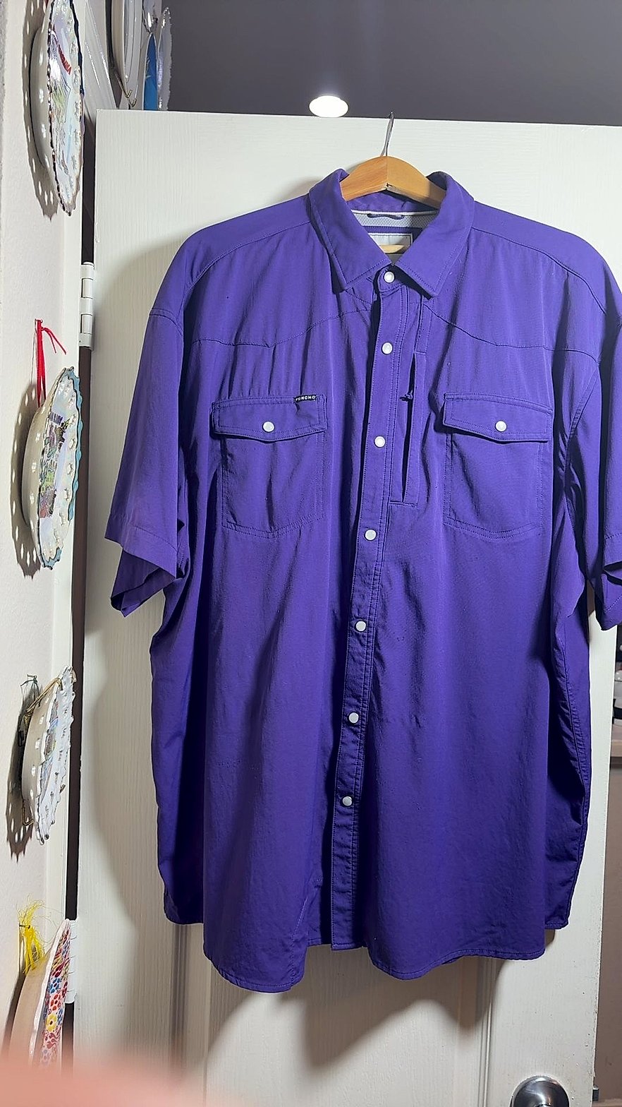 PONCHO Men's Purple Short Sleeve Pearl Snap Fishing Shirt, Size XXL Regular Fit