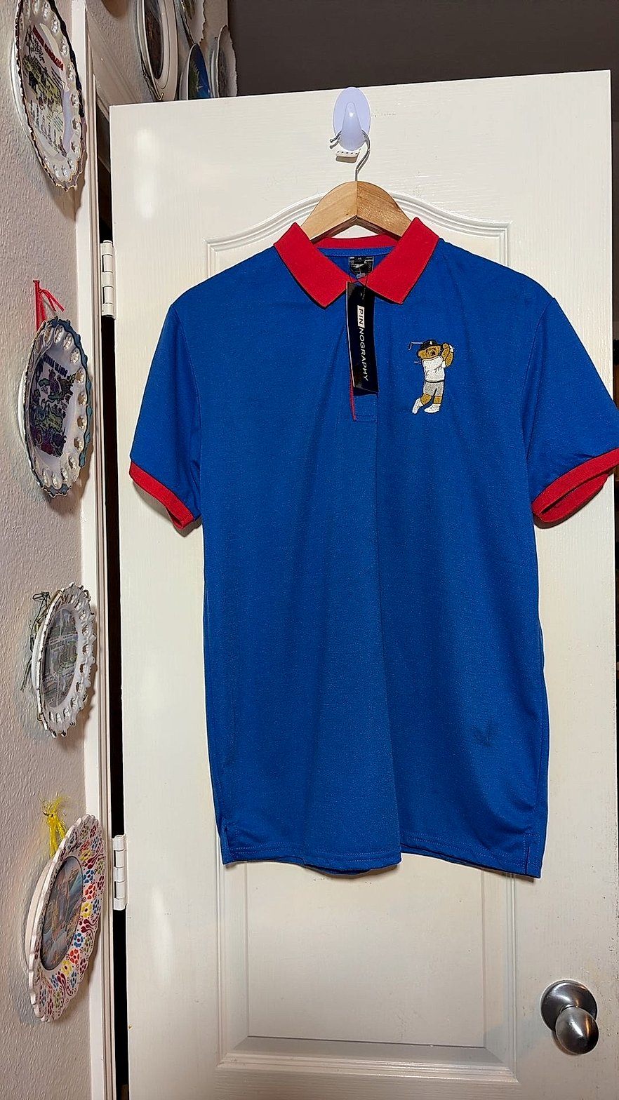 Pinnography Men's Size XL White & Red Ringer Golf Polo Shirt Embroidered Bear