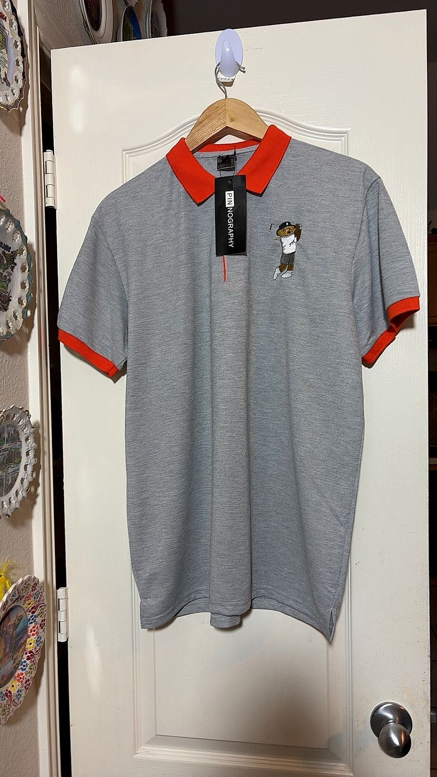 Pinnography Men's Size XL White & Red Ringer Golf Polo Shirt Embroidered Bear