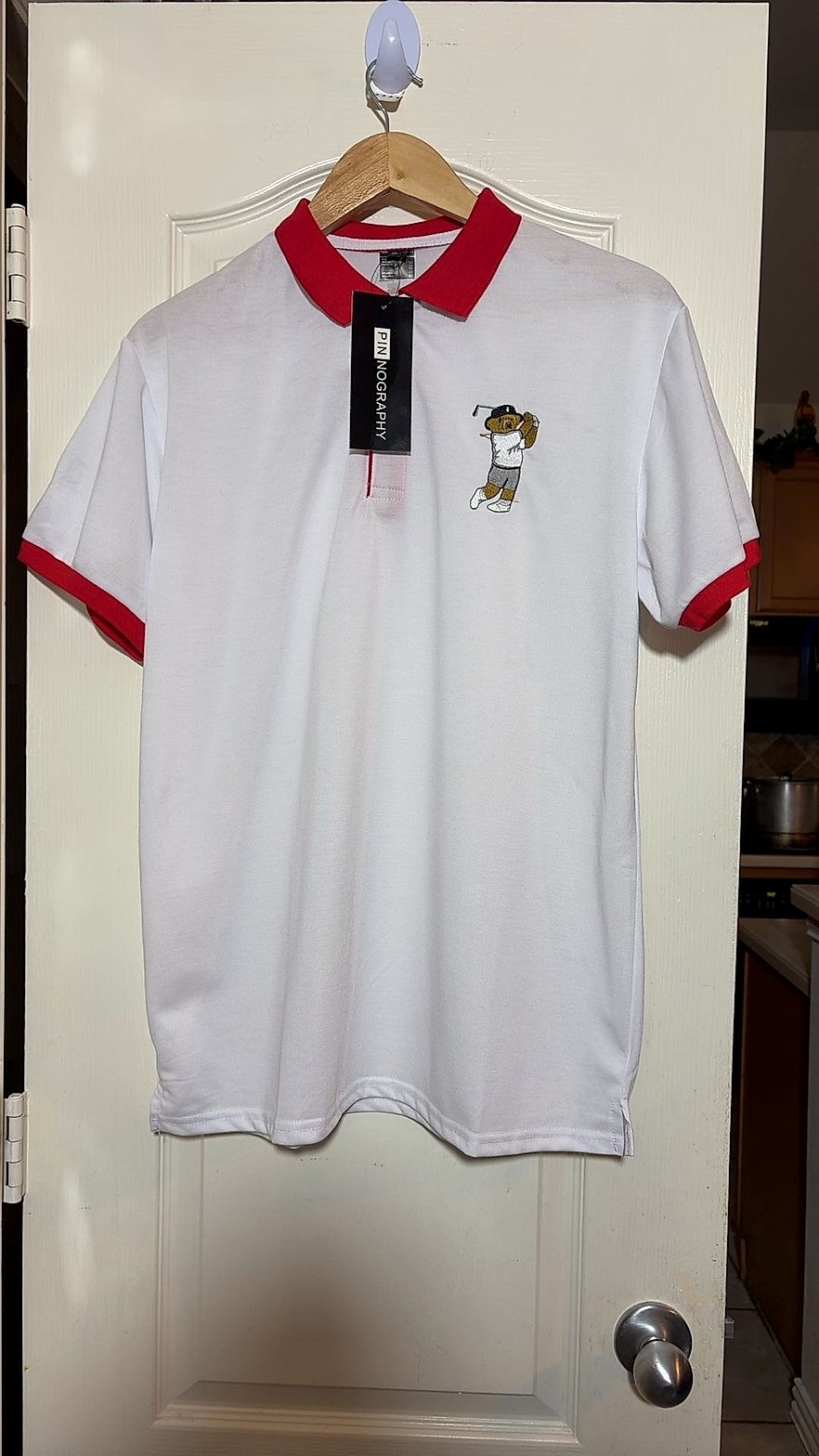 Pinnography Men's Size XL White & Red Ringer Golf Polo Shirt Embroidered Bear